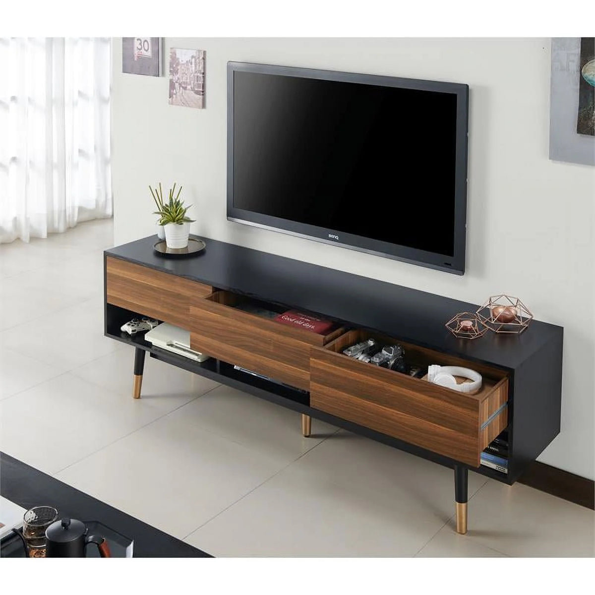 Mid-Century Modern Wood 3-Drawer TV Stand in Black A1011