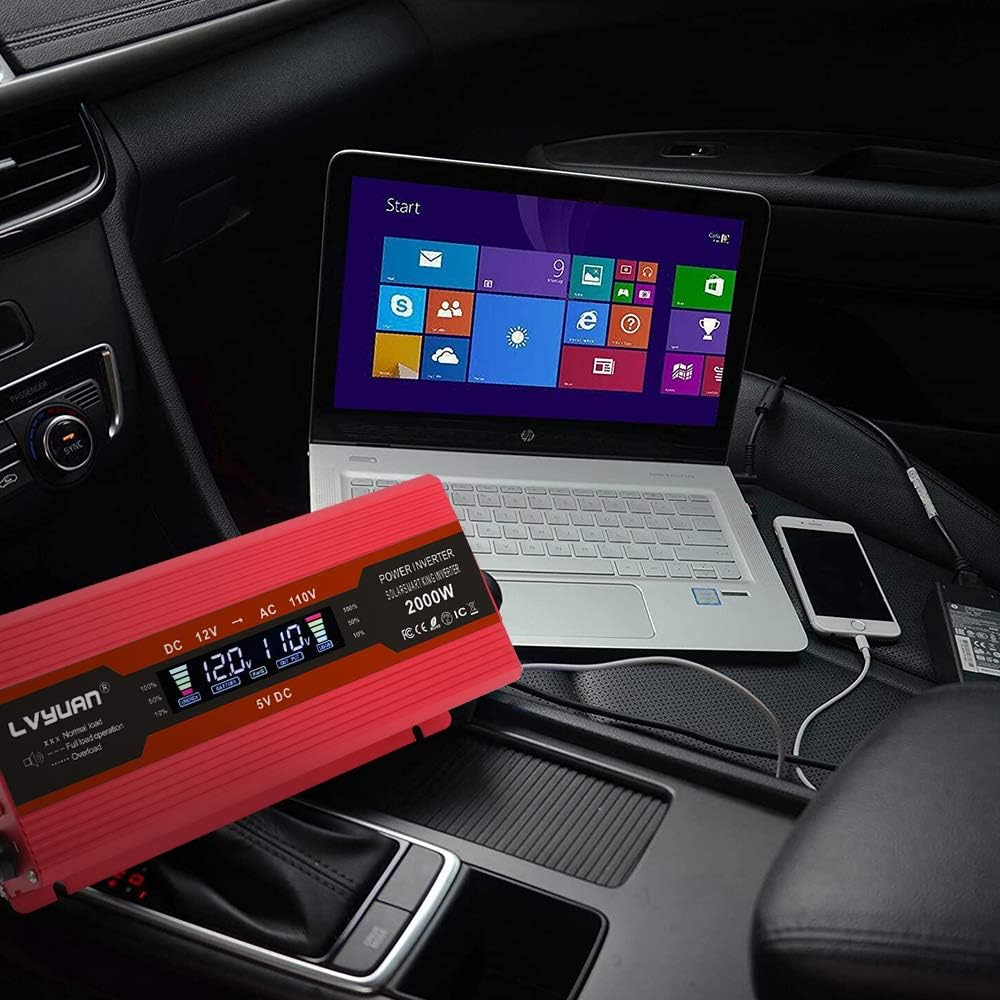 Power Inverter 1000W/2000W Dual AC Outlets Dual USB Charging Ports DC 12V to 110V AC Car Converter with Digital Display Pack of 2 W64340