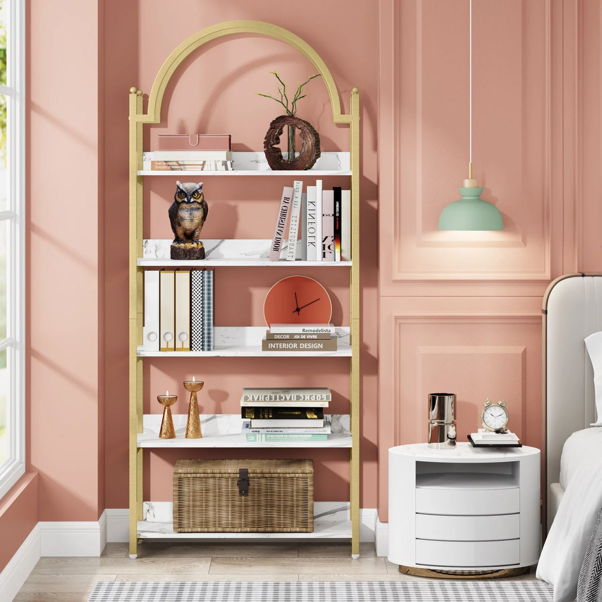 72.4 inch Tall Gold Metal 5 Shelf Arched Bookcase H5385