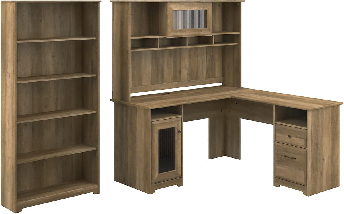 Espresso Oak L Shaped Desk with Hutch and 5 Shelf Bookcase U837