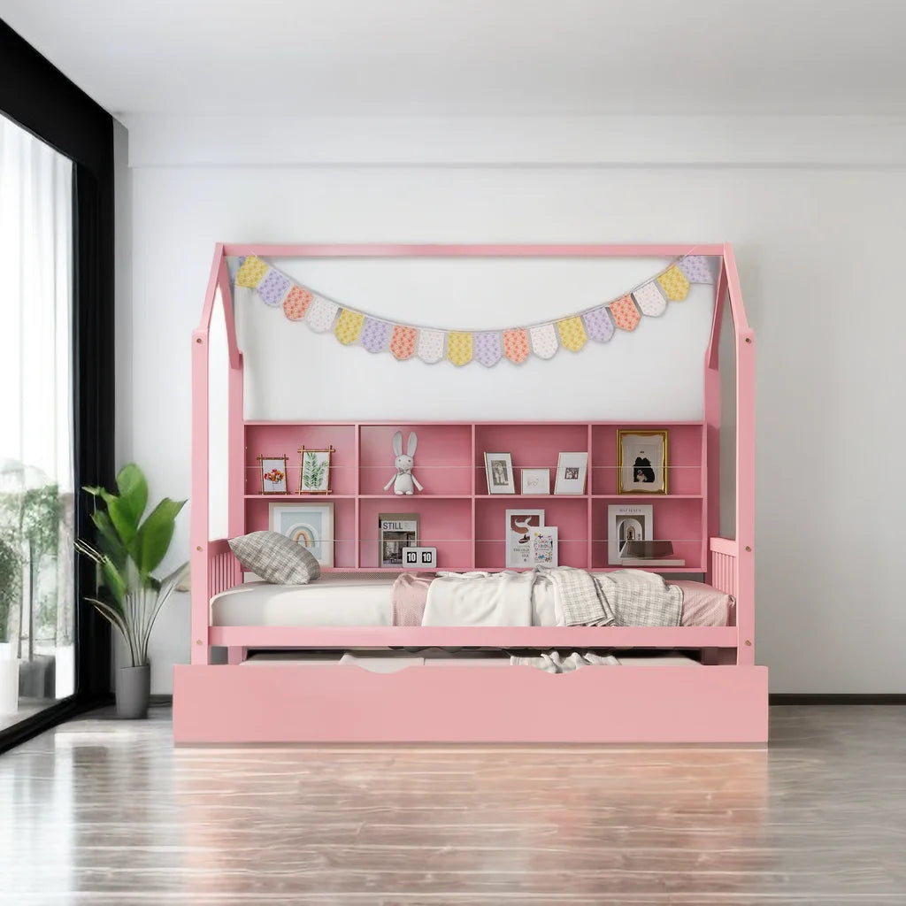 Wooden Twin Size House Bed with Trundle and Storage Shelf W8405