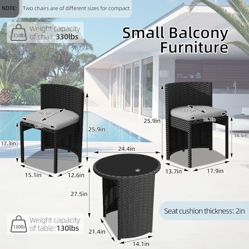 3 Pieces Aluminum Wicker Patio Bistro Set with Tempered Glass Table Black Z72165