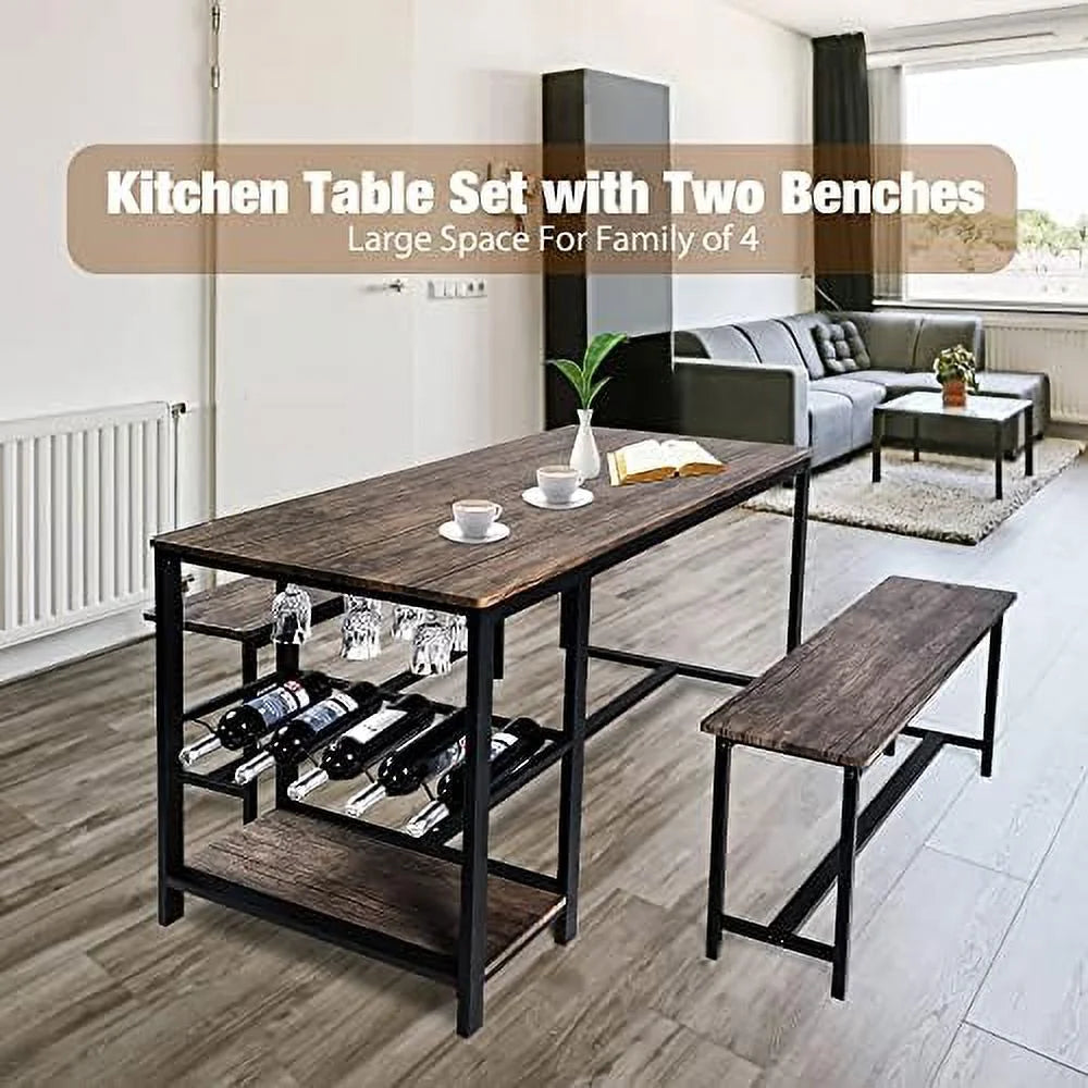 Dining Table Set 4 with 2 Benches 3-Piece Wood Rustic Brown & Black S57512