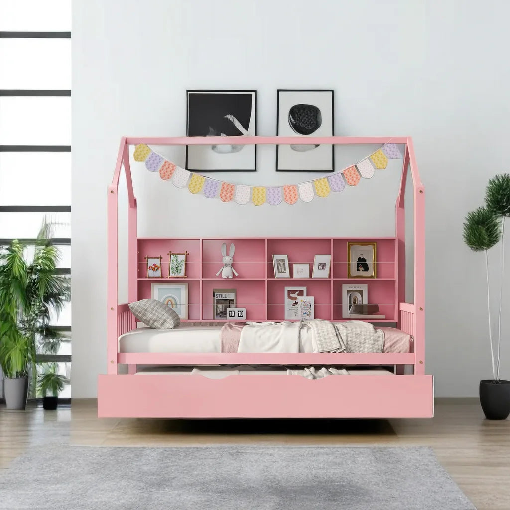 Wooden Twin Size House Bed with Trundle and Storage Shelf W8405