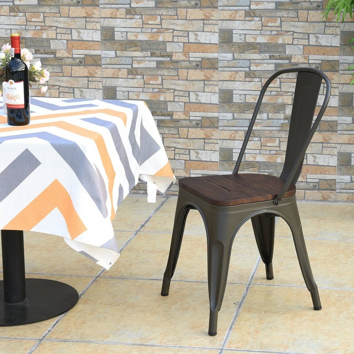 Set of 4 Stackable Bistro Dining Chair Metal Frame Wood Seat Gun L956