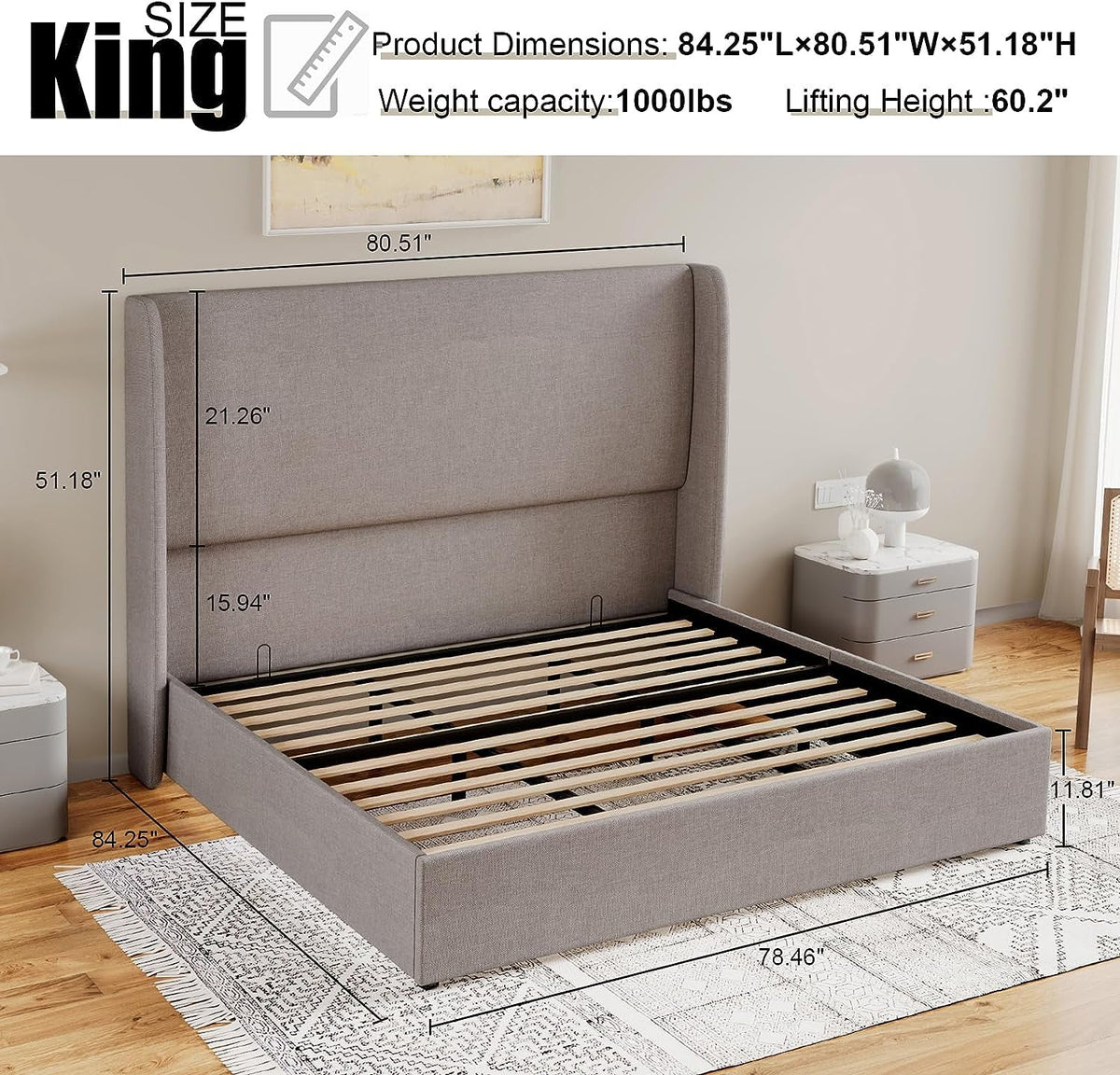 King Size Light Gray Linen Upholstered Platform Bed Frame I856224