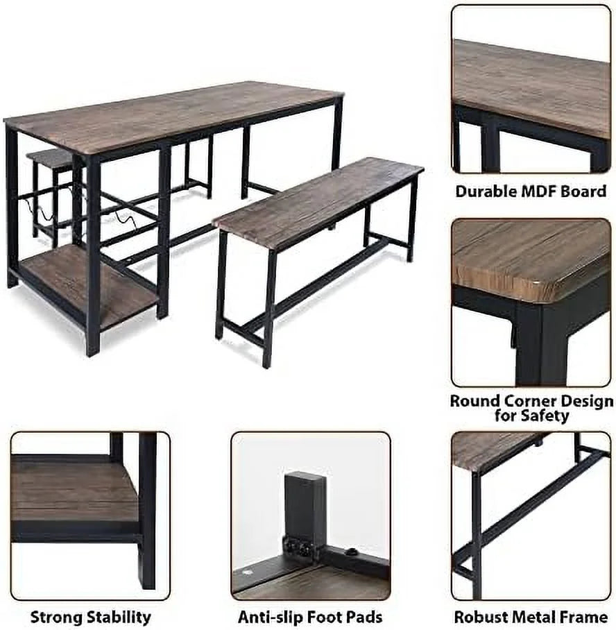 Dining Table Set 4 with 2 Benches 3-Piece Wood Rustic Brown & Black S57512