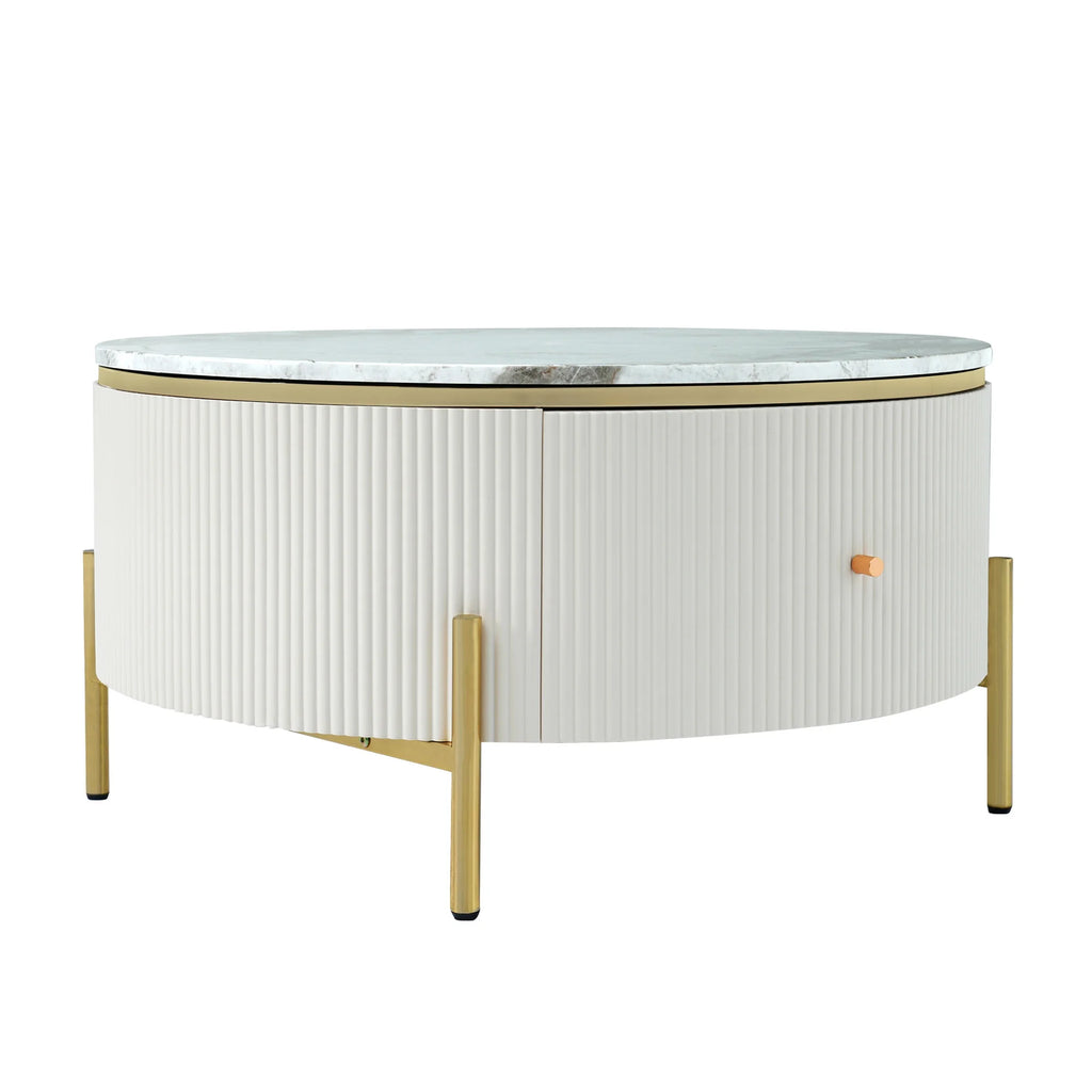 Modern Round Coffee Table with 2 Drawer, Sintered Stone Top, White V41697