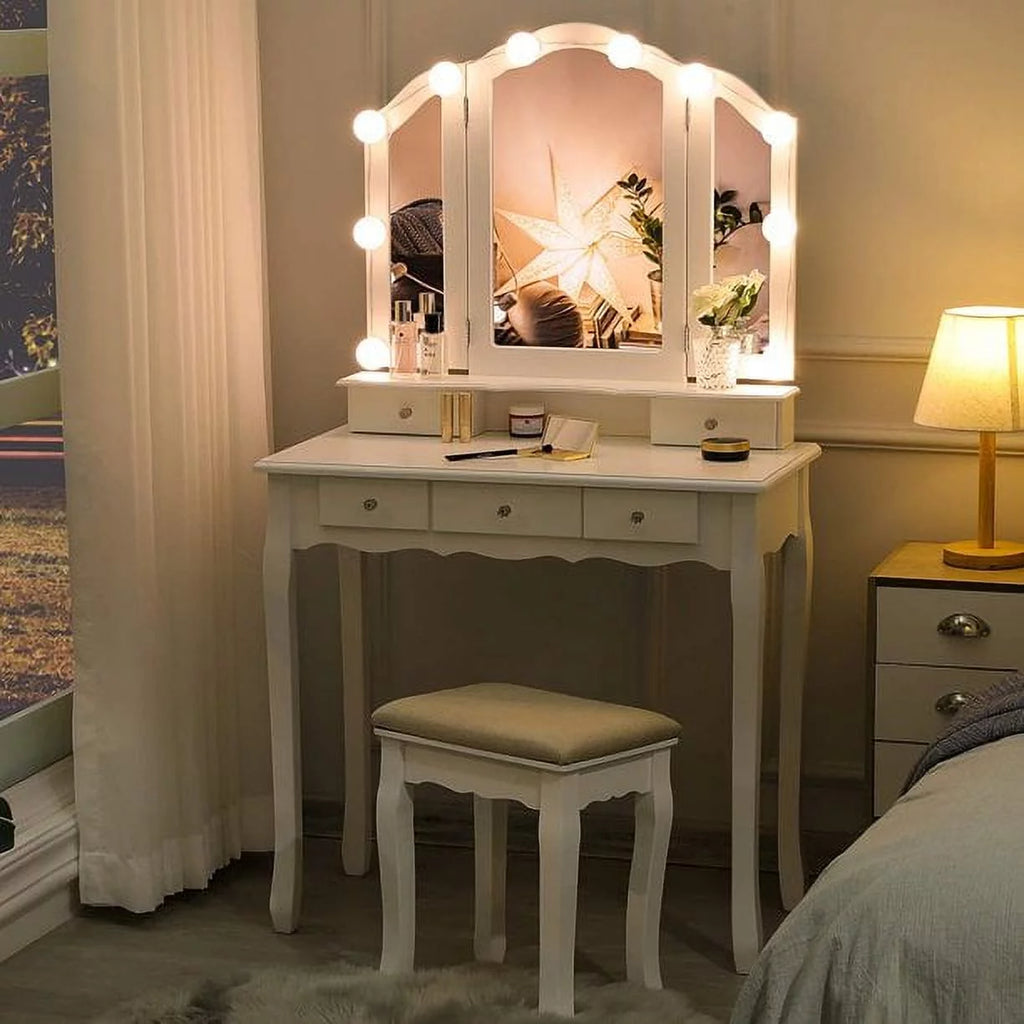 White Vanity Table Set with Lighted Tri-Fold Mirror and Stool D673954