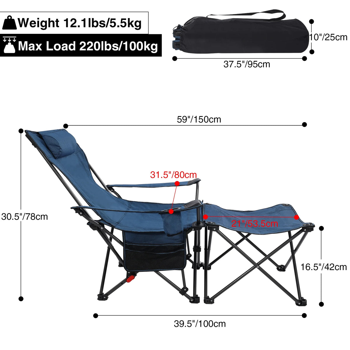 Blue 2 in 1 Folding Camping Chair with Removable Footrest W40268