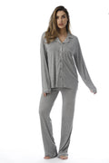 Grey Cream Rayon Spandex Button Down Pajama Pant Set with Notch Collar F736