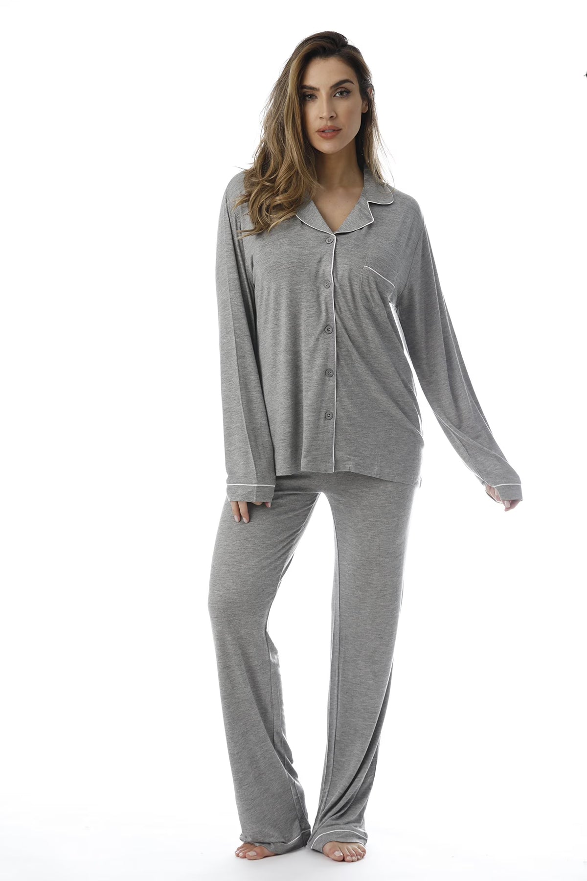 Grey Cream Rayon Spandex Button Down Pajama Pant Set with Notch Collar F736