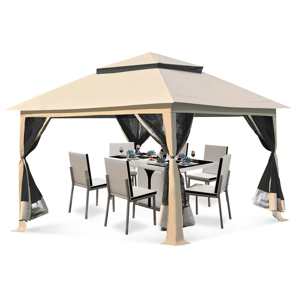 13 x13 ft Pop up Gazebo Canopy Shelter with Mosquito Netting, Brown Z97775