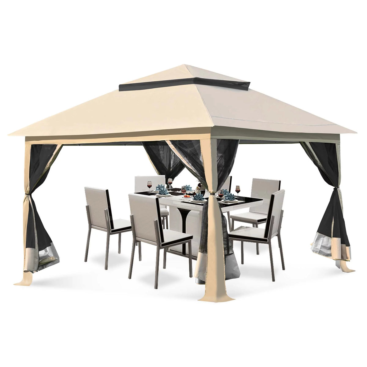 13 x13 ft Pop up Gazebo Canopy Shelter with Mosquito Netting, Brown Z97775