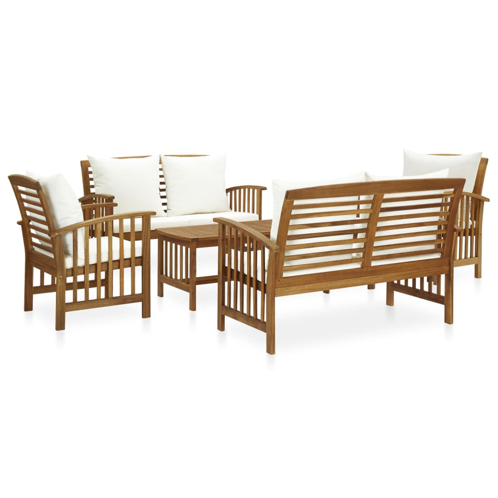 5 Piece Cream White Cushioned Acacia Wood Patio Lounge Set Z2980