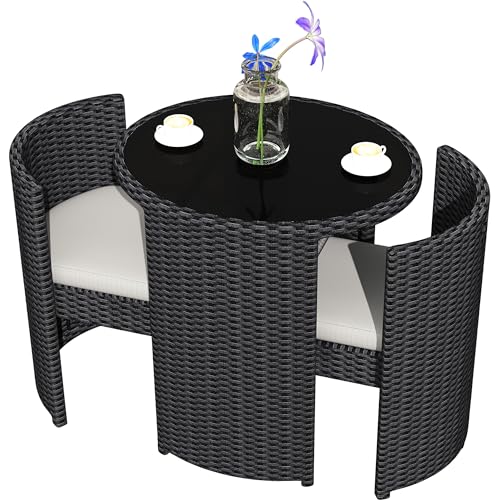 3 Pieces Aluminum Wicker Patio Bistro Set with Tempered Glass Table Black Z72165