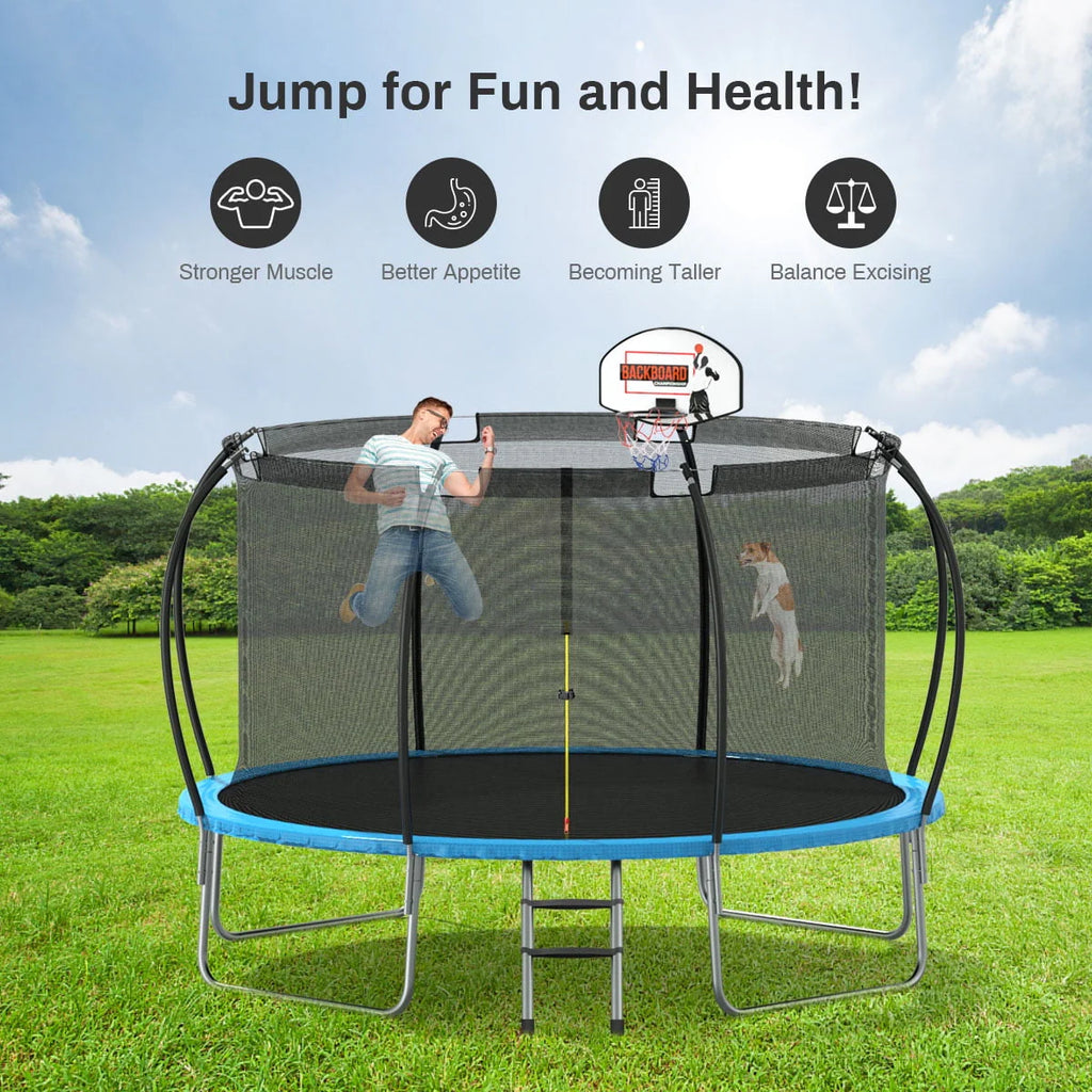 12' Round Backyard Trampoline with Safety Enclosure and Basketball Hoop L130