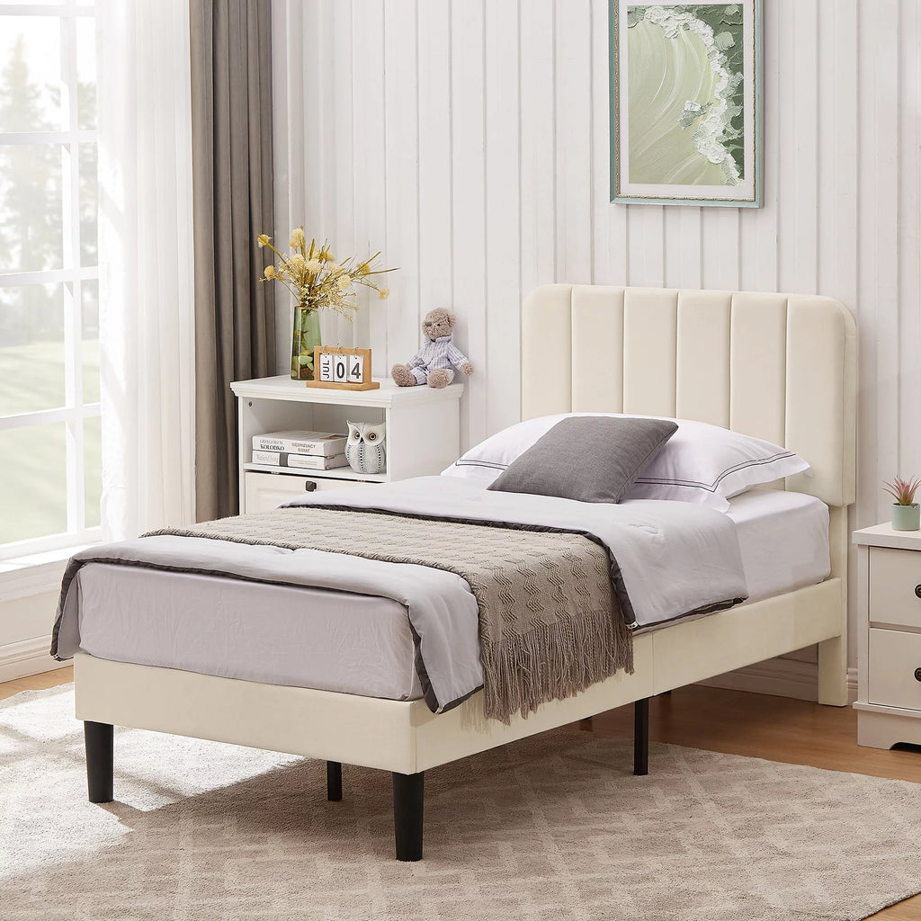 Twin Size Upholstered Platform Bed Frame with Adjustable Headboard C57599