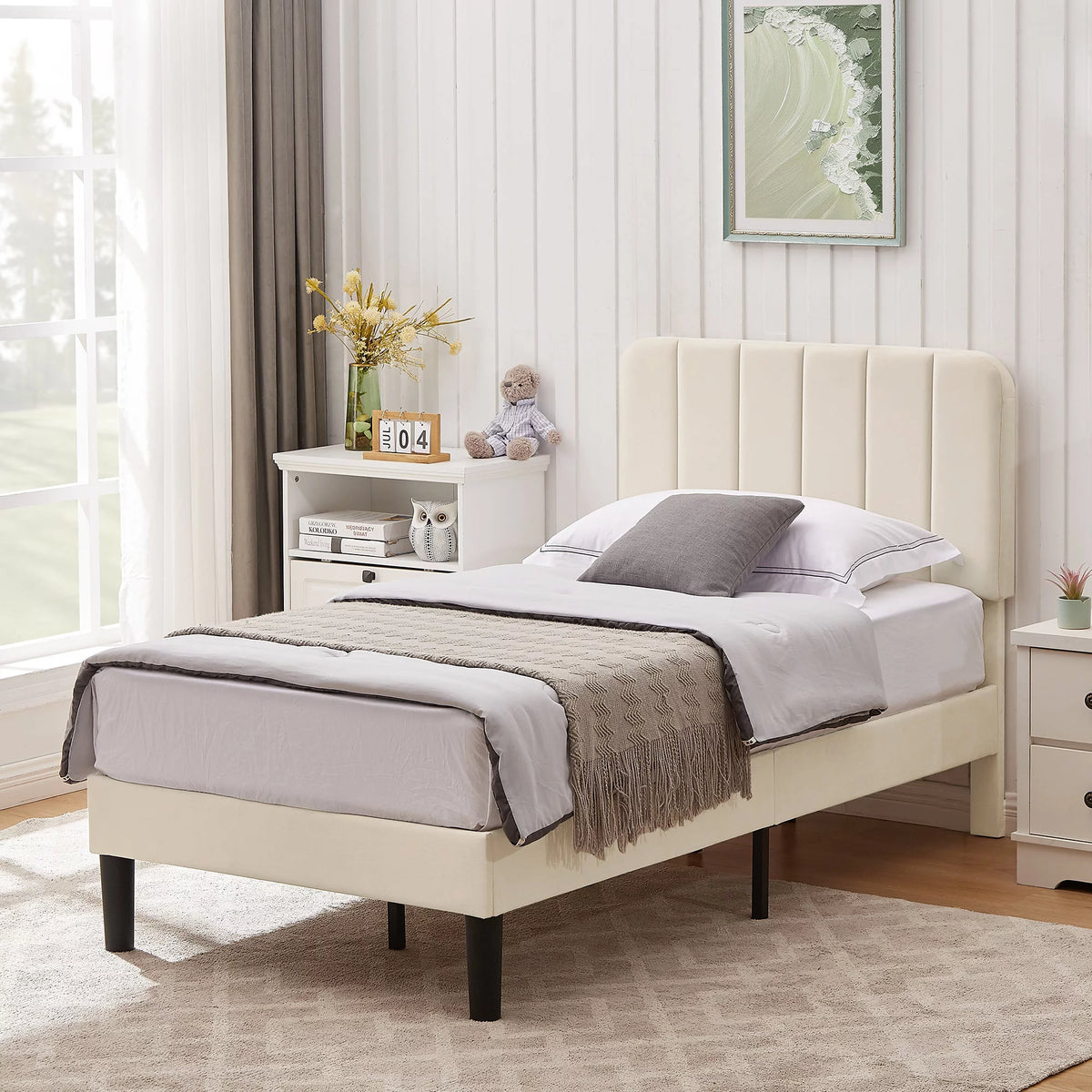 Twin Size Upholstered Platform Bed Frame with Adjustable Headboard C57599