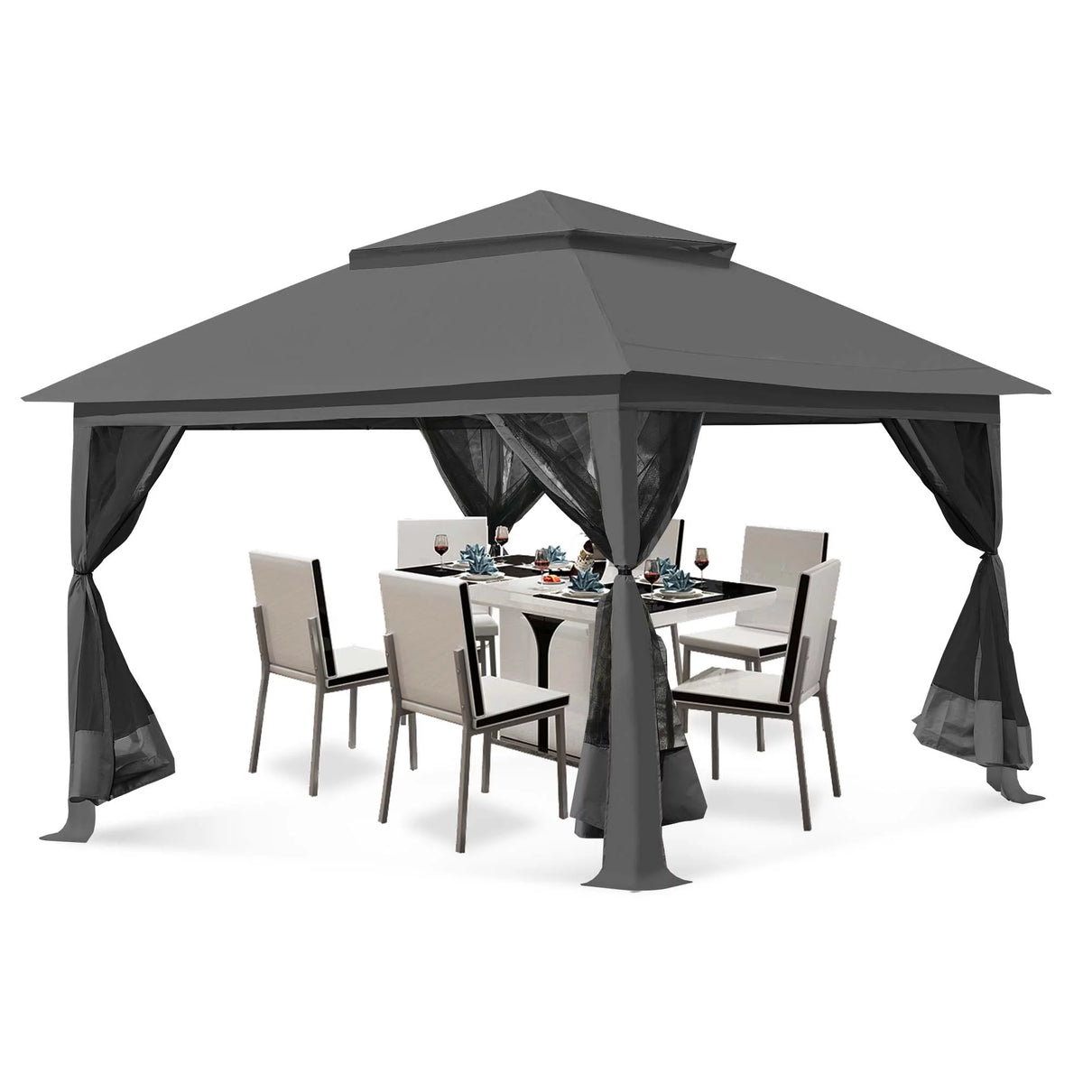 13 x13 ft Pop up Gazebo Canopy Shelter with Mosquito Netting, Brown Z97775