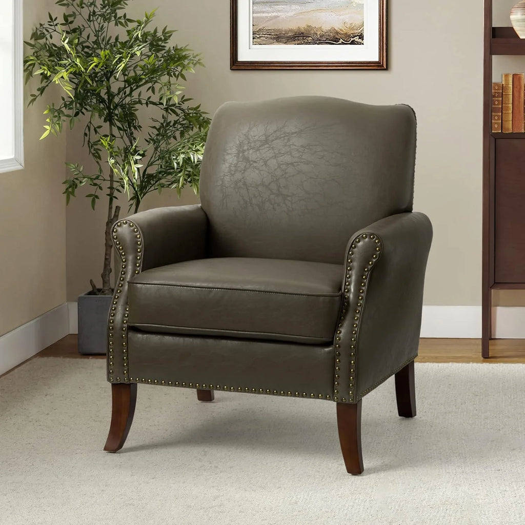 Grey Faux Leather Upholstered Accent Armchair with Solid Wood Legs I177