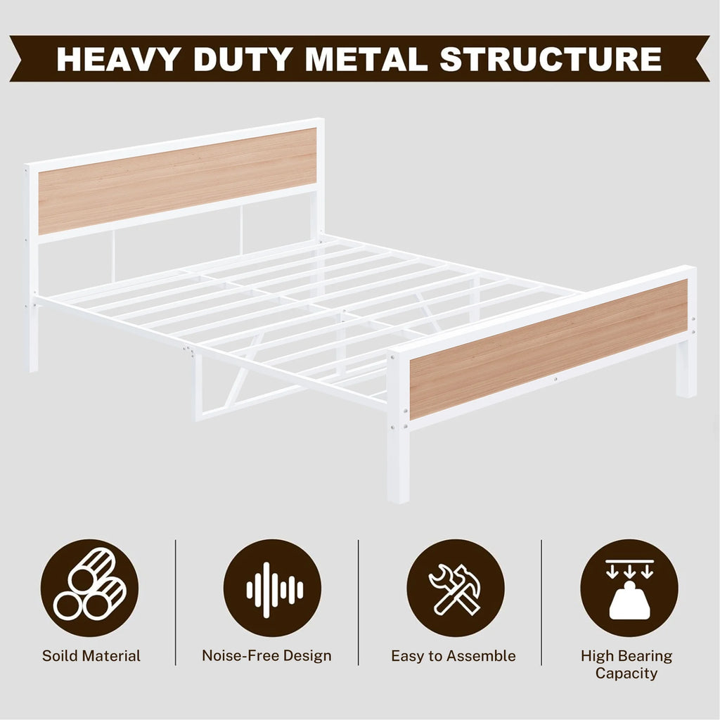 White Full Size Metal Platform Bed Frame with Headboard and Footboard K744899