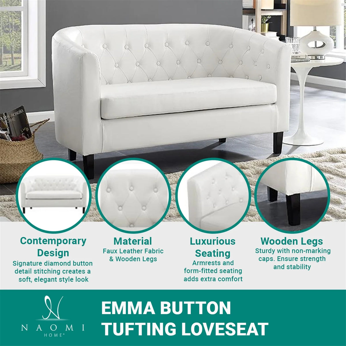 Cream Faux Leather Barrel Loveseat E640
