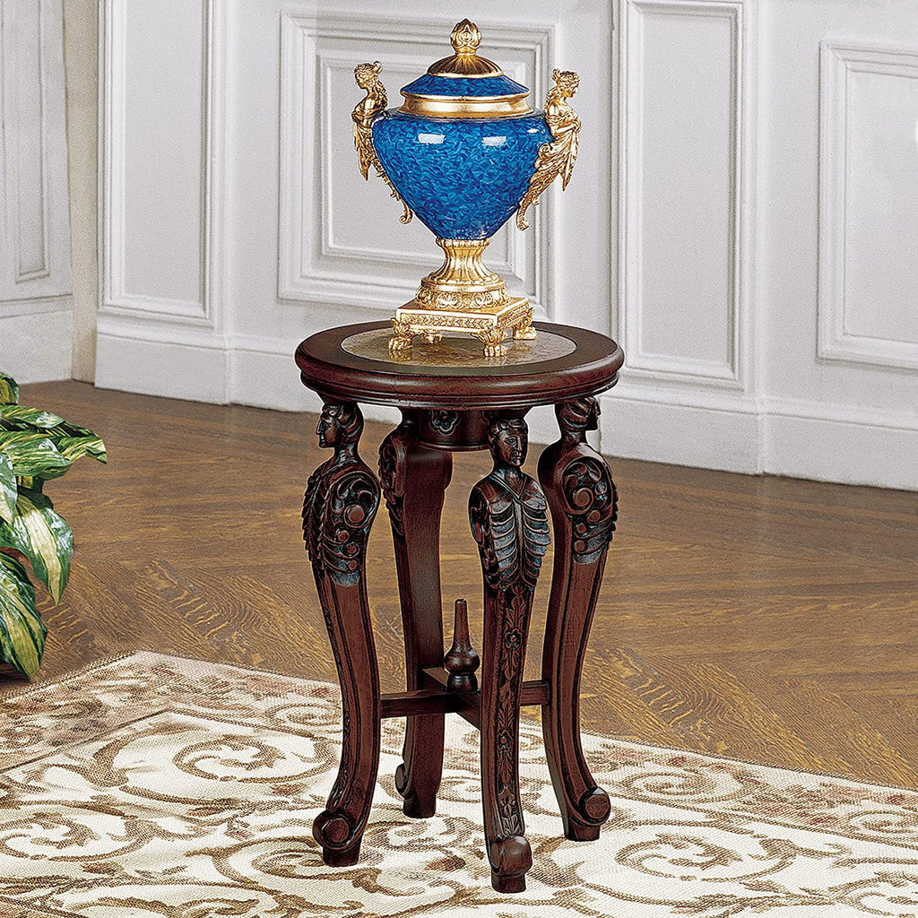 Marble-Topped Hardwood Pedestal Table F844