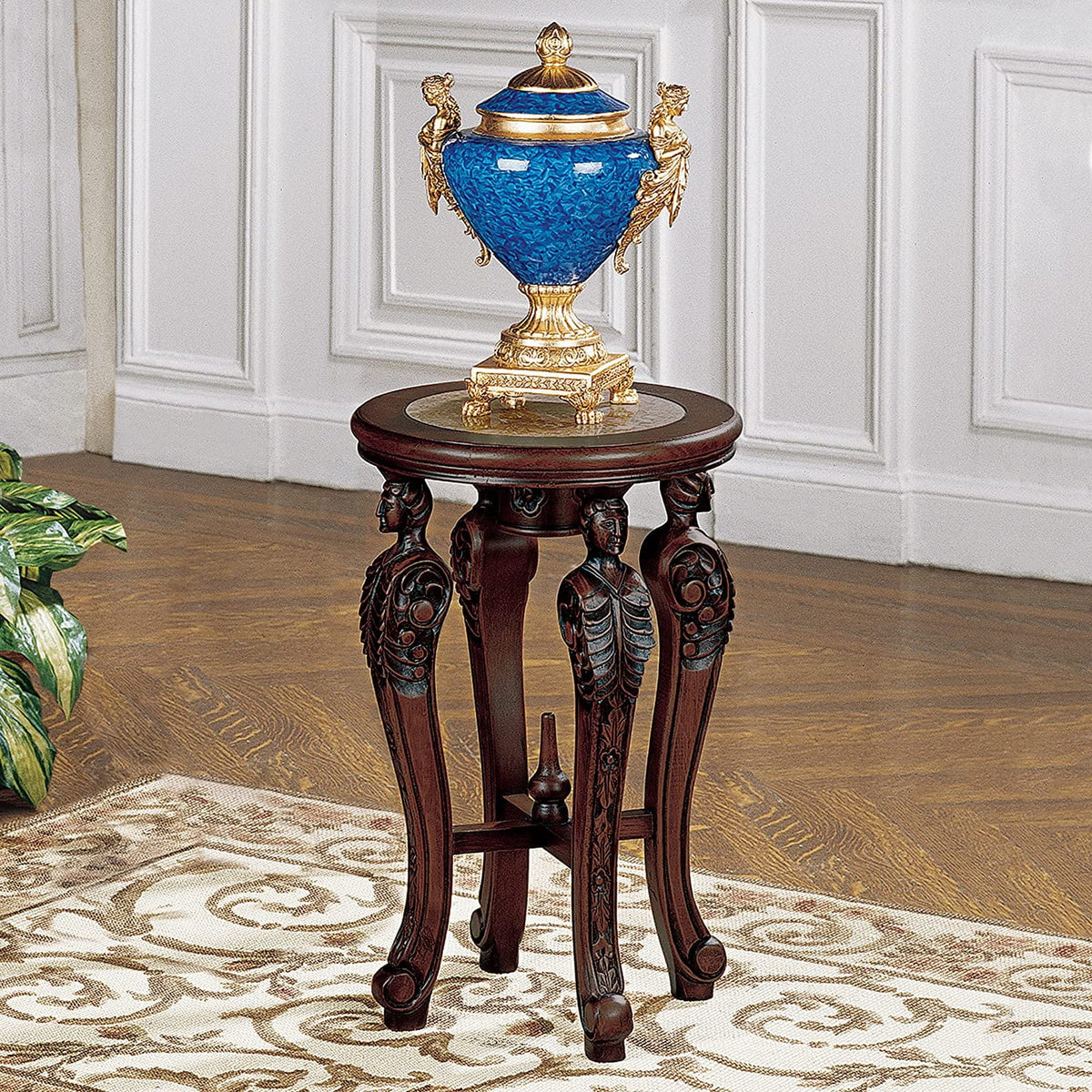 Marble-Topped Hardwood Pedestal Table F844