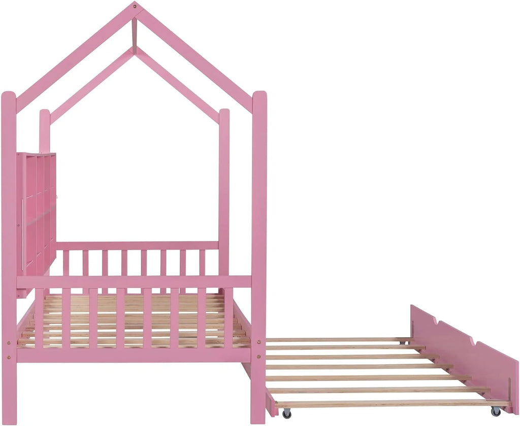 Wooden Twin Size House Bed with Trundle and Storage Shelf W8405