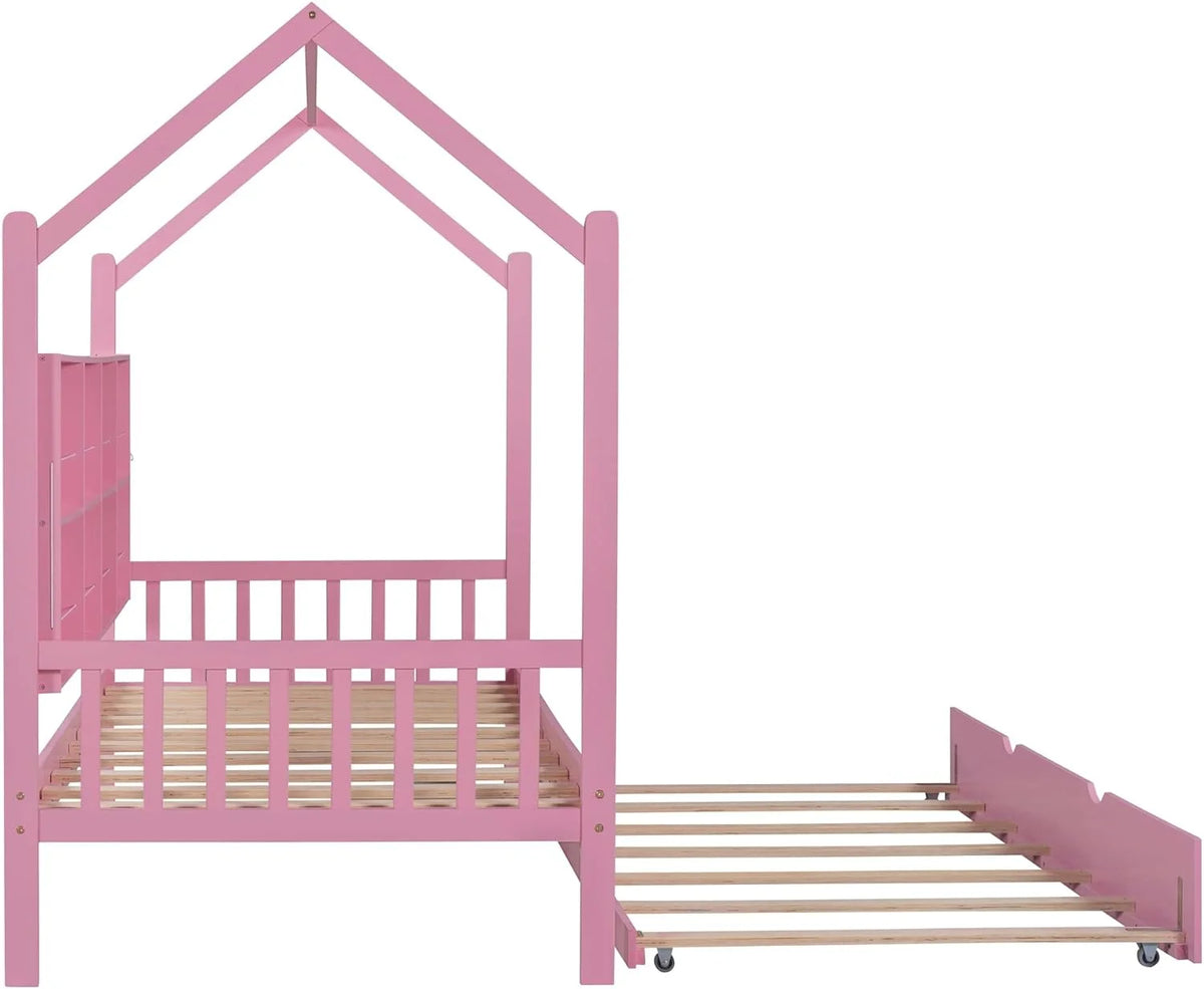 Wooden Twin Size House Bed with Trundle and Storage Shelf W8405