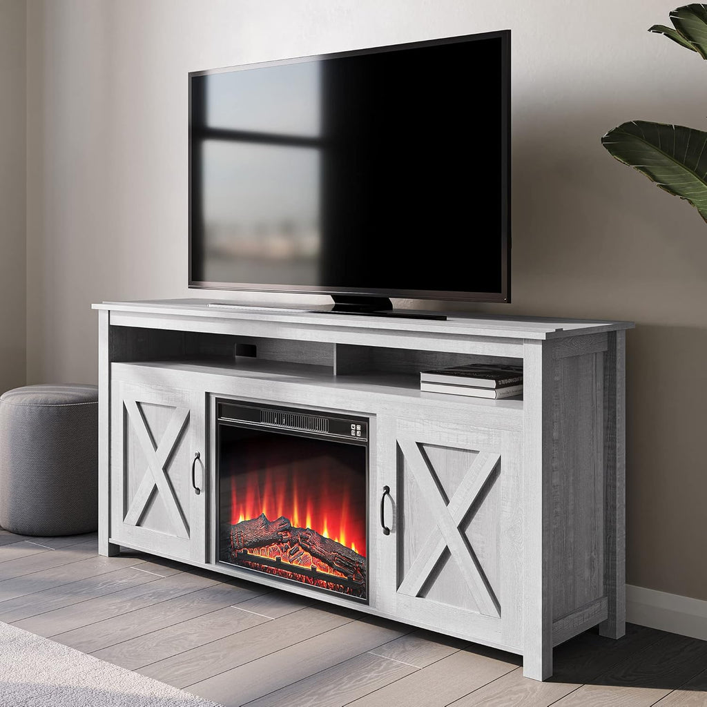 Modern Barn Door Wood Electric Fireplace TV Stand with Two Open Shelves and Cabinets Q31997