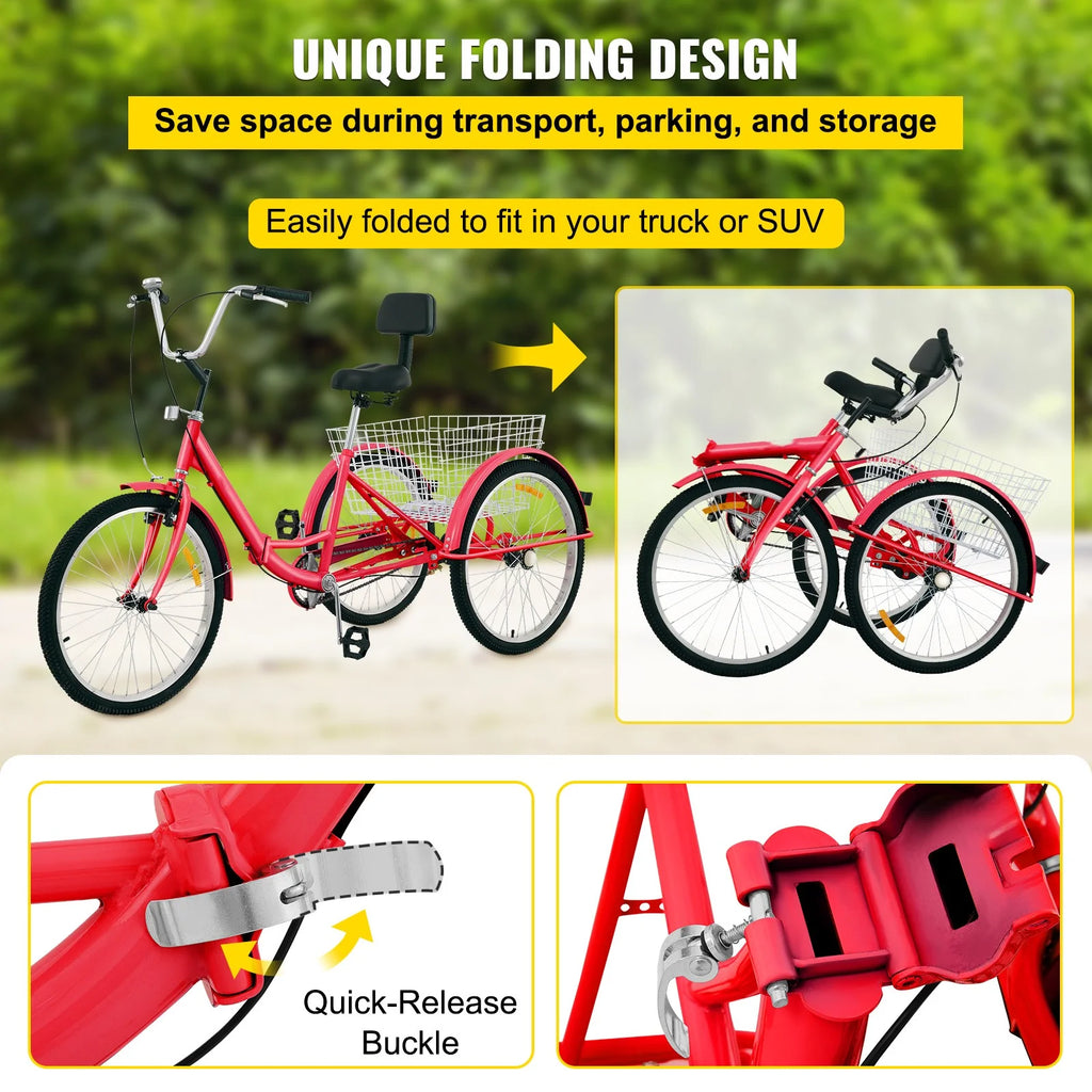 Foldable Adult Tricycle 24'' Wheels 1-Speed 3 Wheel Bikes G8259