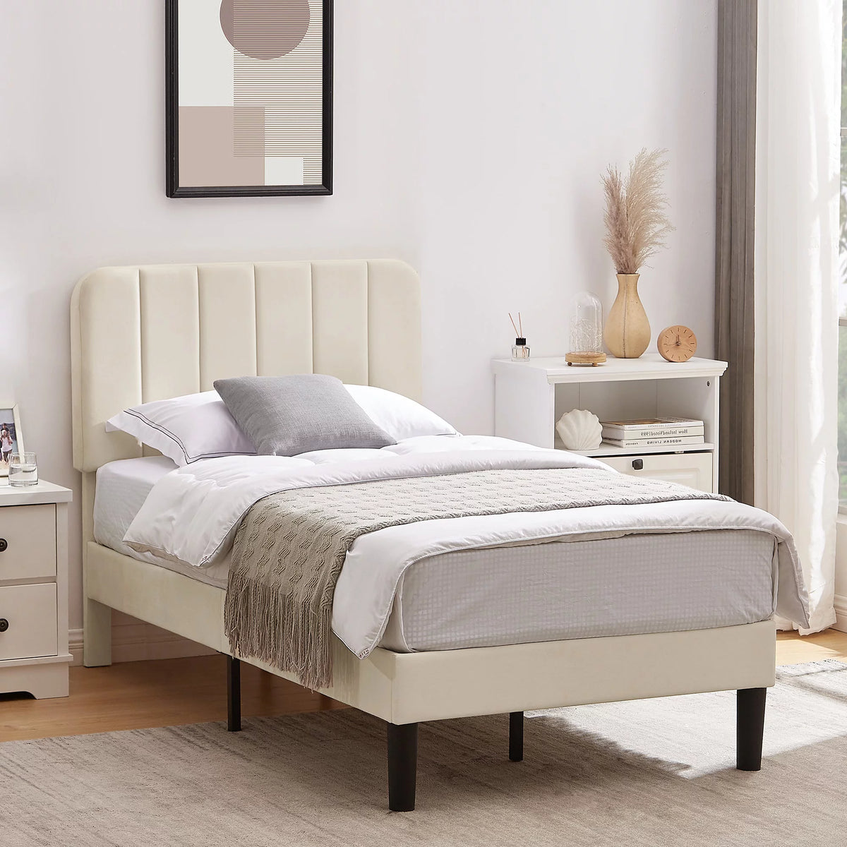 Twin Size Upholstered Platform Bed Frame with Adjustable Headboard C57599