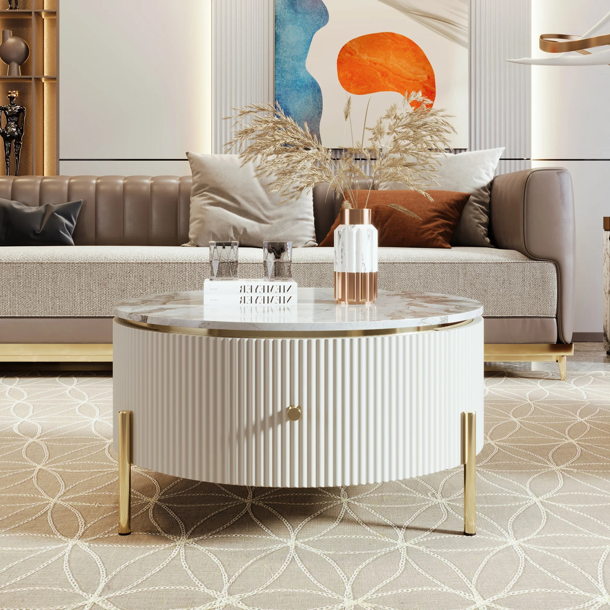 Modern Round Coffee Table with 2 Drawer, Sintered Stone Top, White V41697