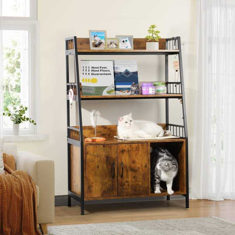 Large Wooden Cat Litter Box Enclosure with Storage Shelves P278504