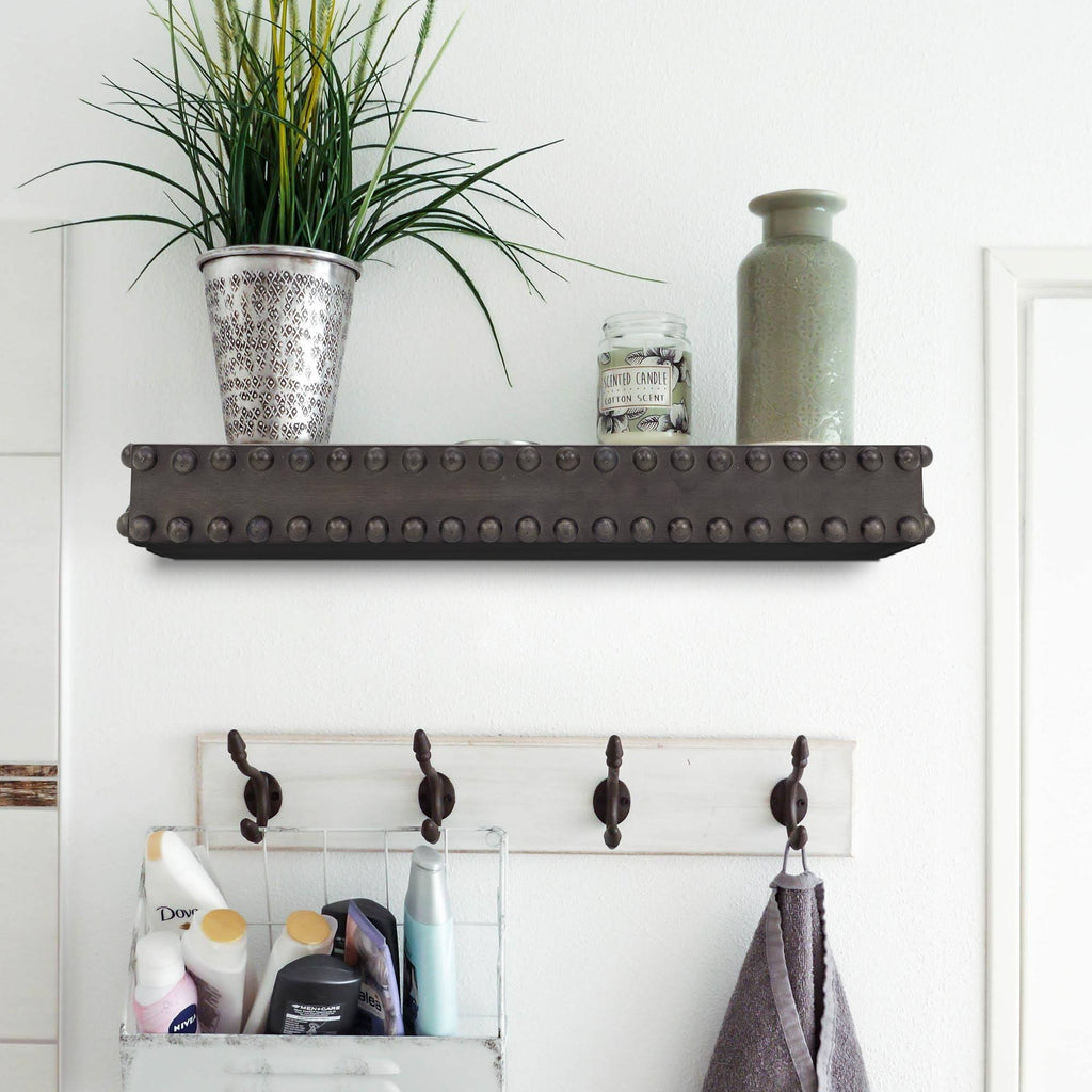 Black Rustic Beaded Wood Floating Wall Shelf D4647