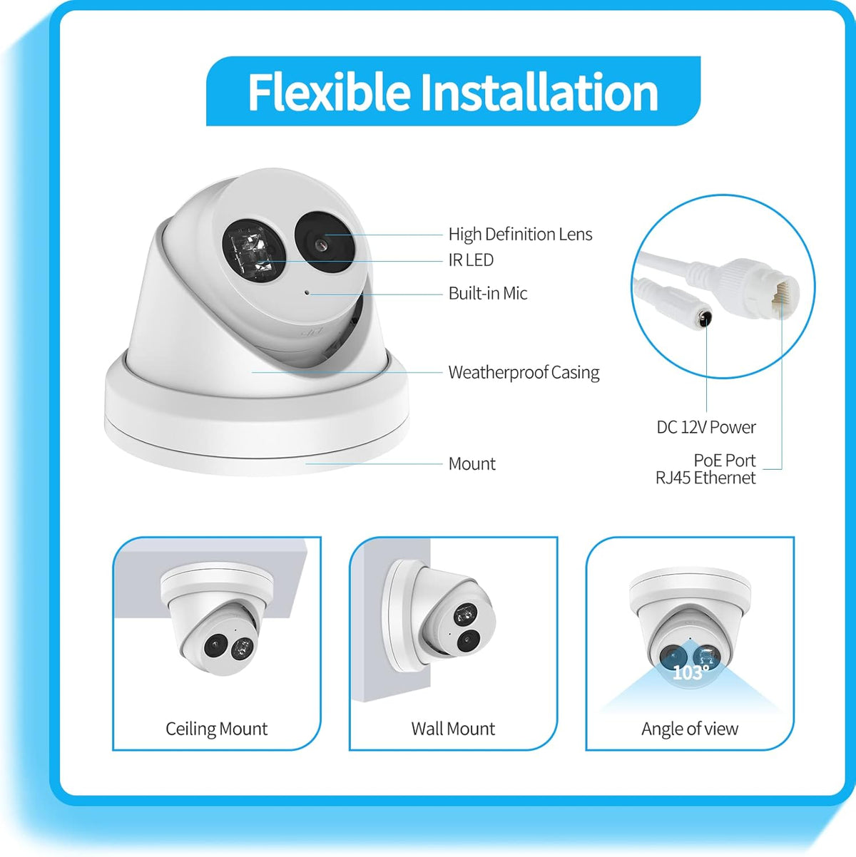 4K PoE Turret IP Camera with 2.8mm Lens, Night Vision, IP67 Waterproof P4672