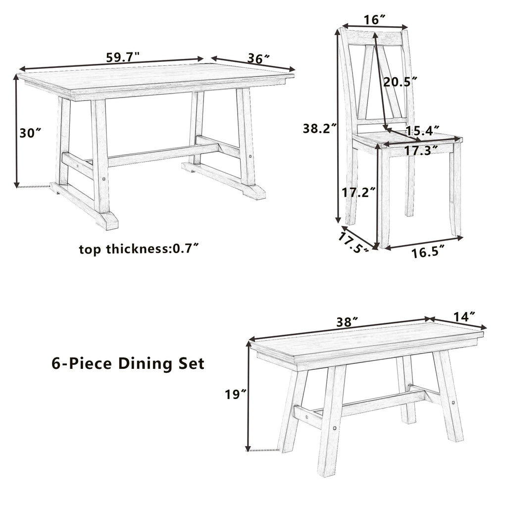 6-Piece Wood Dining Table Set with Bench and 4 Chairs B27829