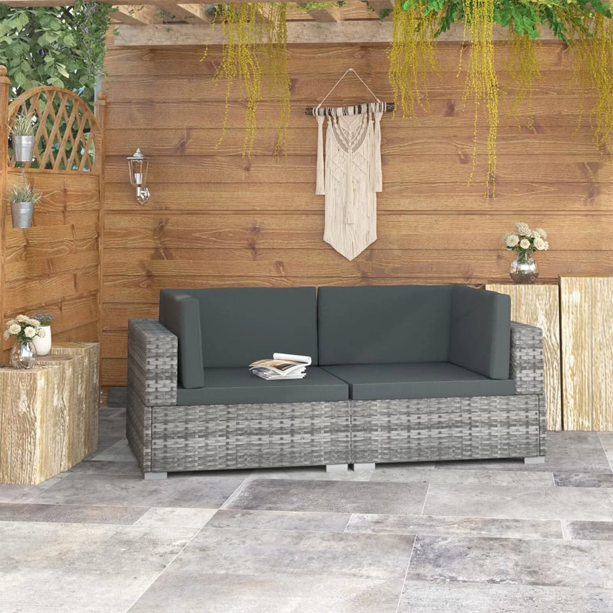 Gray Poly Rattan Patio Sofa Set with Cushions V262