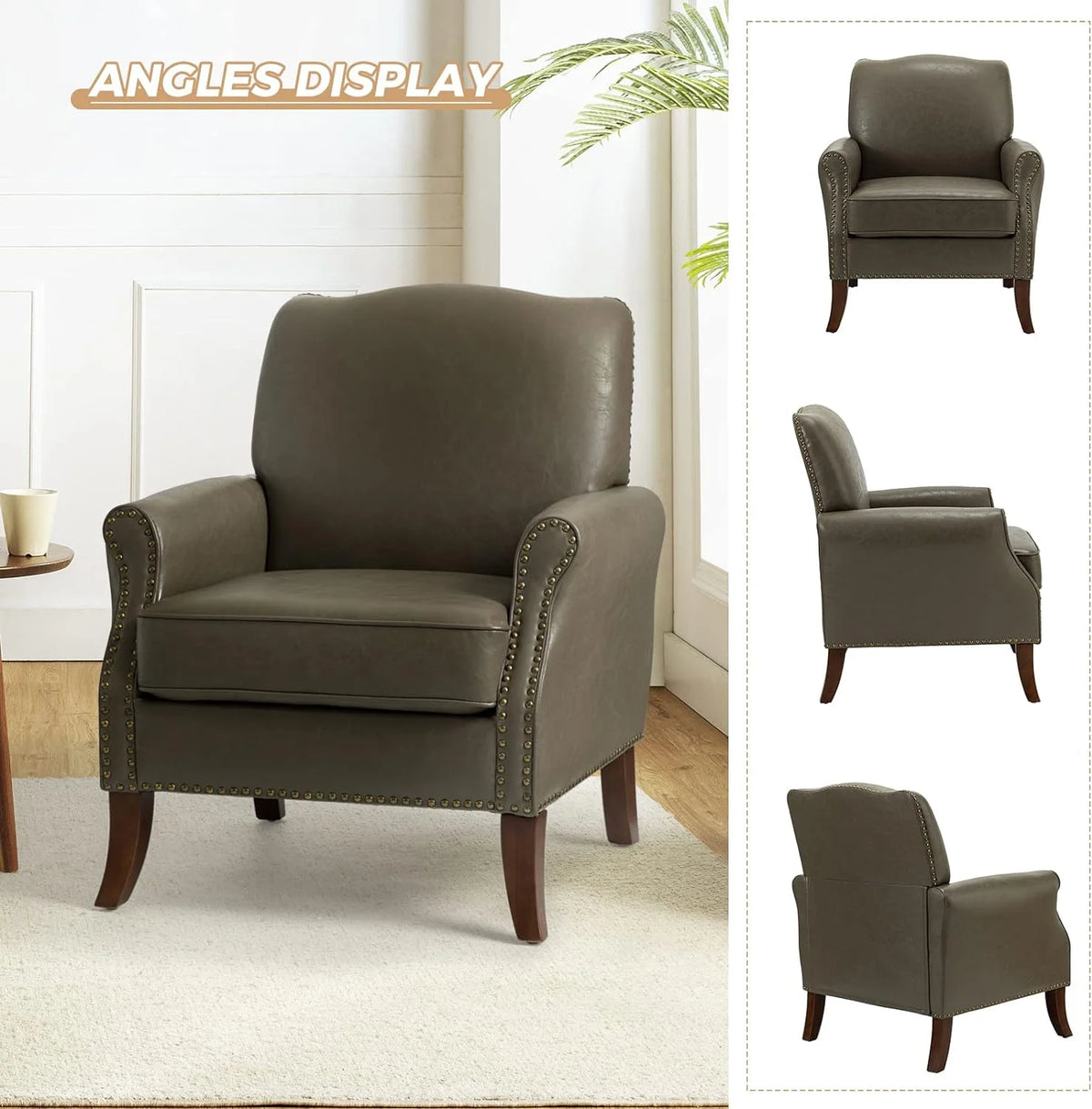 Grey Faux Leather Upholstered Accent Armchair with Solid Wood Legs I177