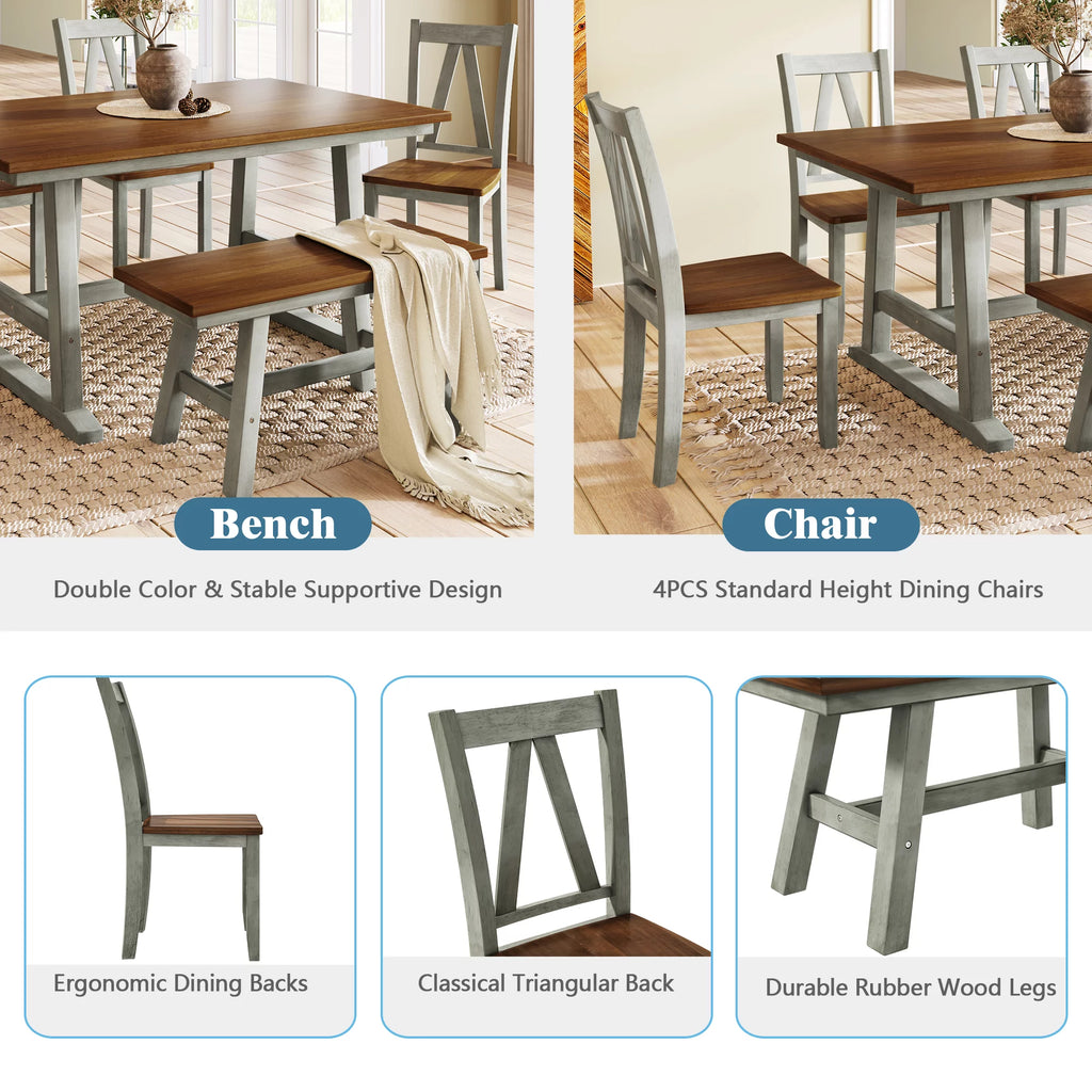 6-Piece Wood Dining Table Set with Bench and 4 Chairs B27829