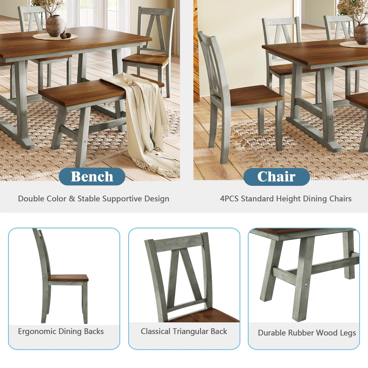6-Piece Wood Dining Table Set with Bench and 4 Chairs B27829