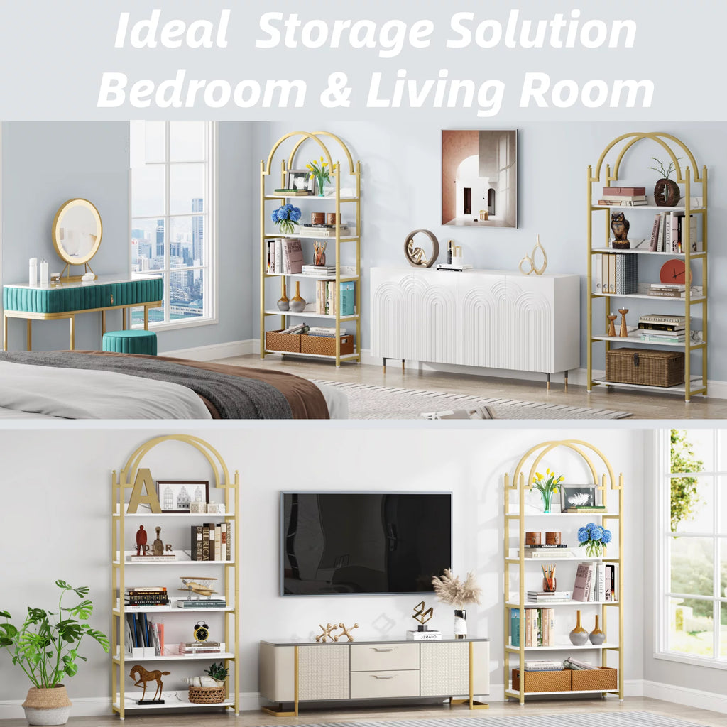 72.4 inch Tall Gold Metal 5 Shelf Arched Bookcase H5385