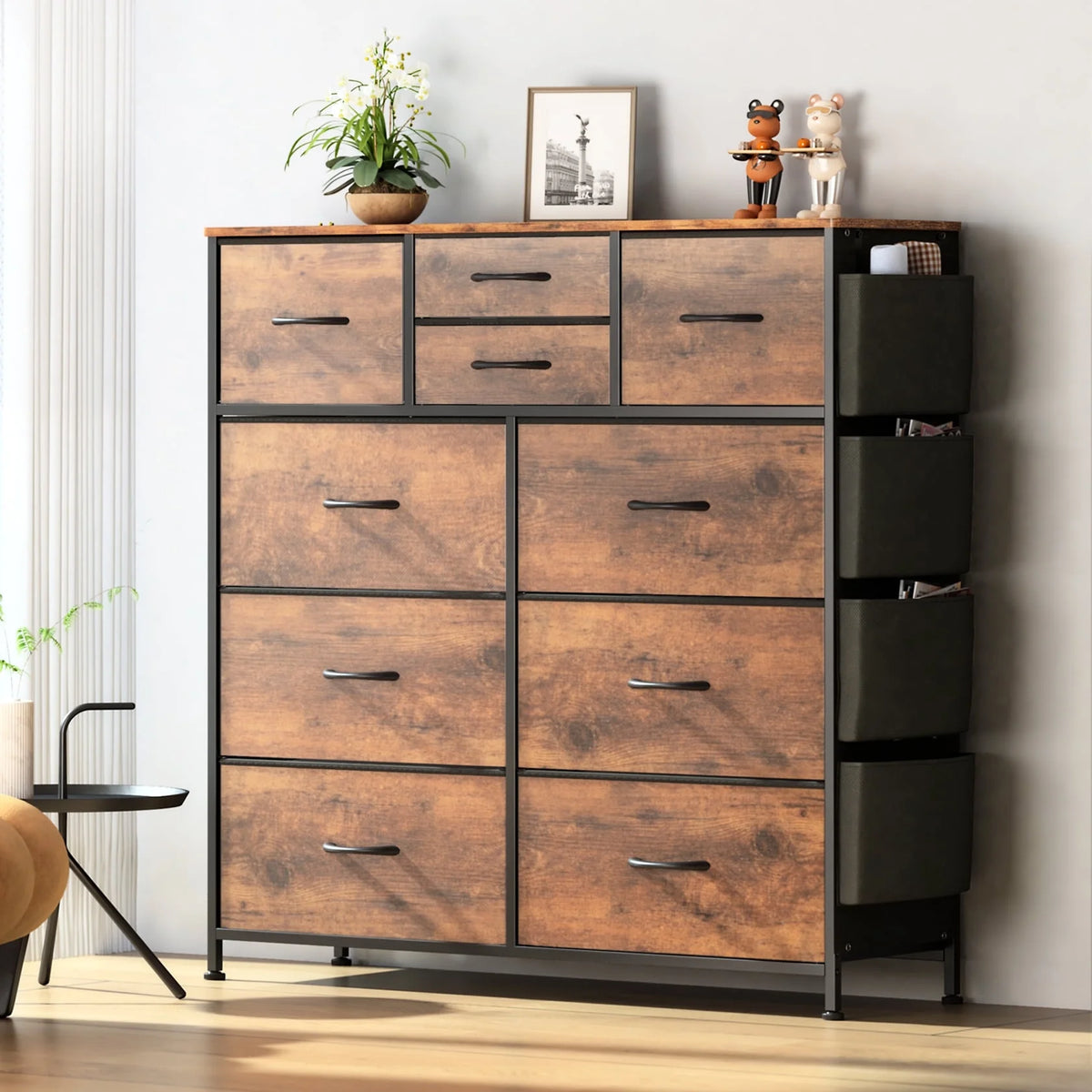 10 Drawer Fabric Dresser with Side Pockets and Hooks A3729