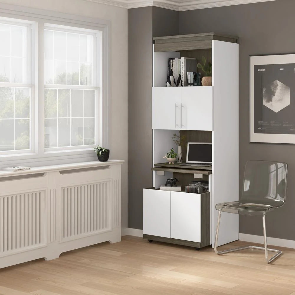 White & Walnut Grey Shelving Unit with Fold-Out Desk X6792