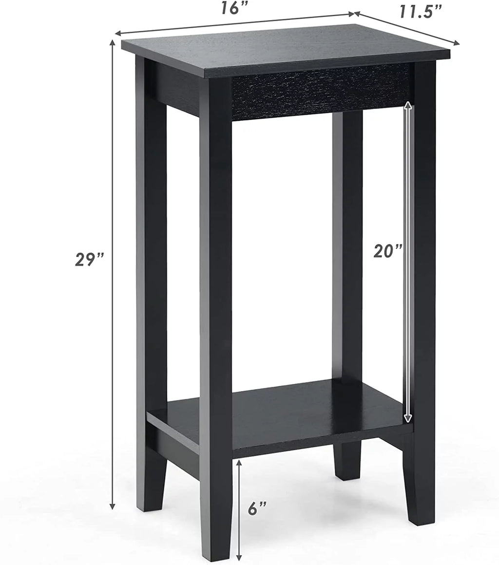 Black 2-Tier End Table Set of 2 with Wooden Legs U884