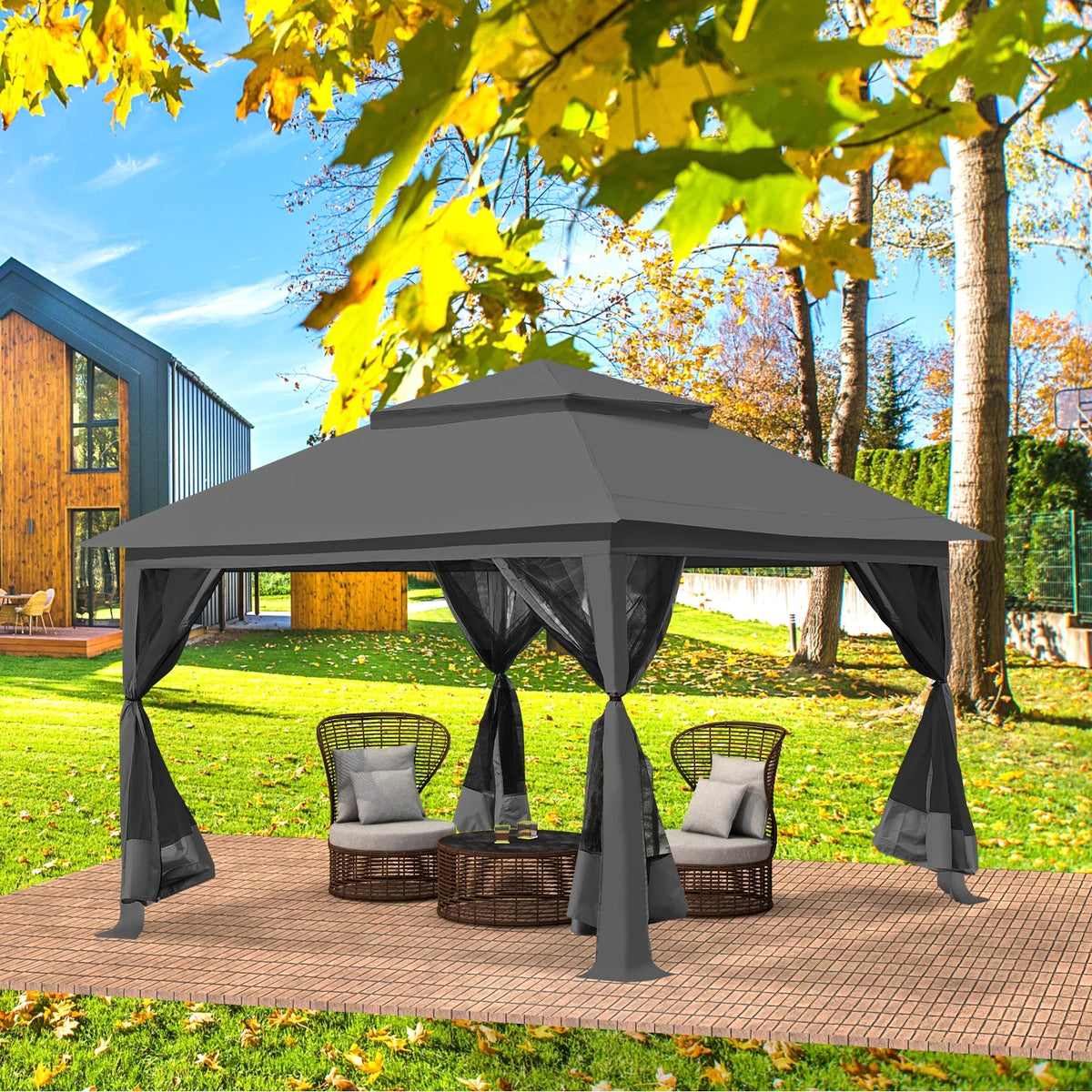 13 x13 ft Pop up Gazebo Canopy Shelter with Mosquito Netting, Brown Z97775