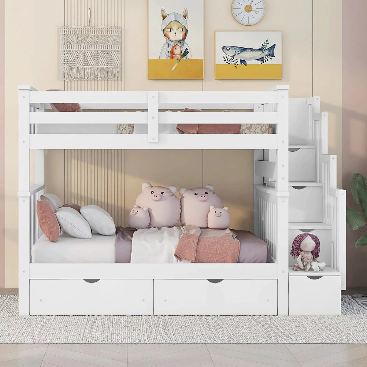 Full Over Full Bunk Bed with Stairs and 6 Storage Drawers U56975