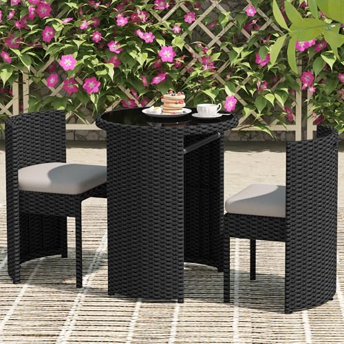 3 Pieces Aluminum Wicker Patio Bistro Set with Tempered Glass Table Black Z72165